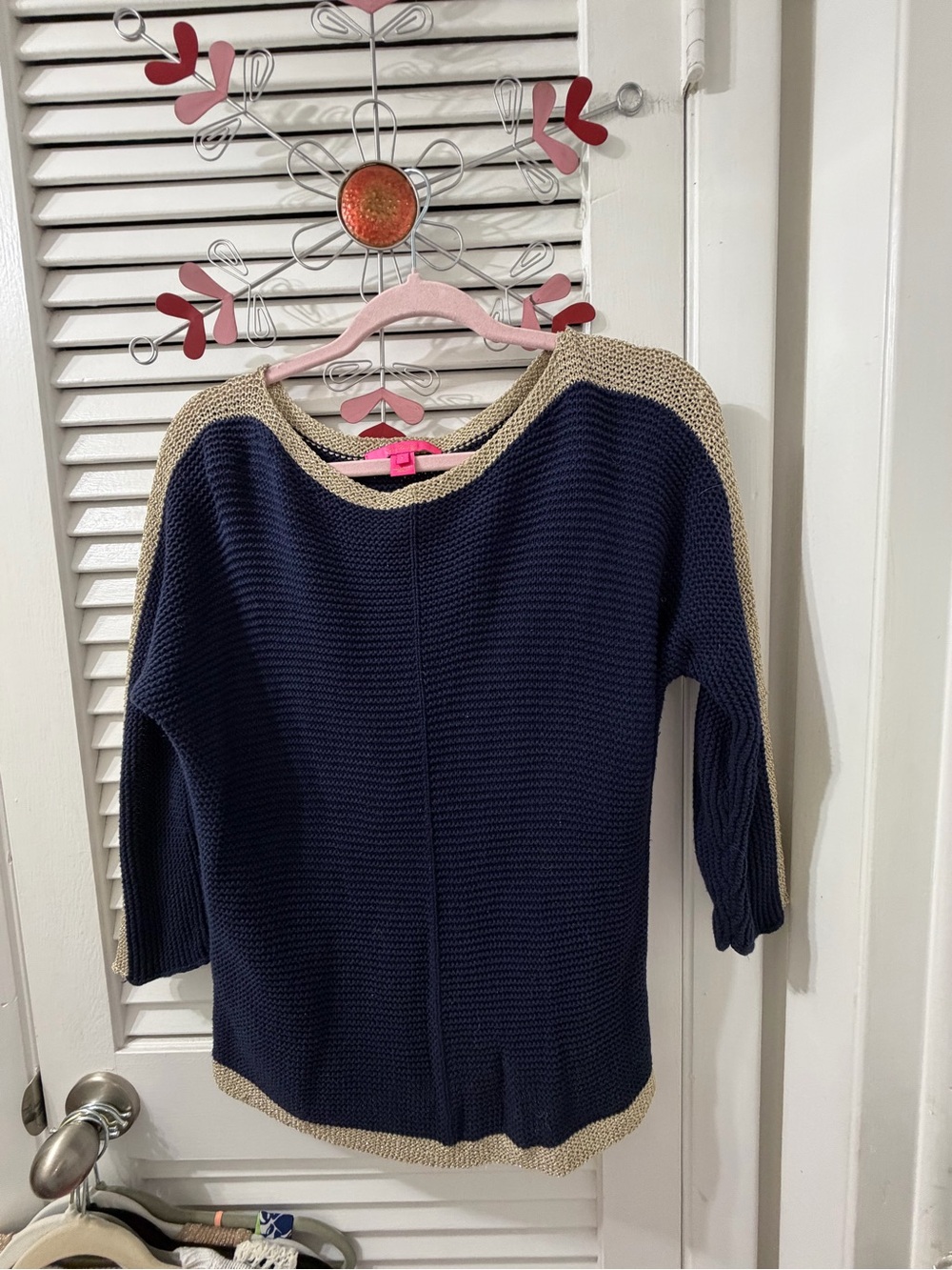 Lilly Puy Two-Tone Navy and Gold Knit Sweater - Women's